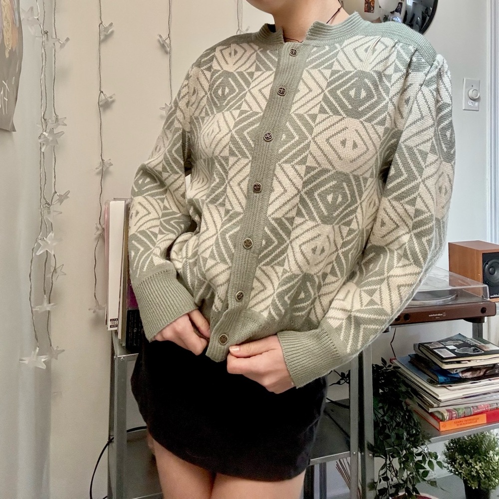 Sage Green & Cream Geometric Button-Up Cardigan Sweater